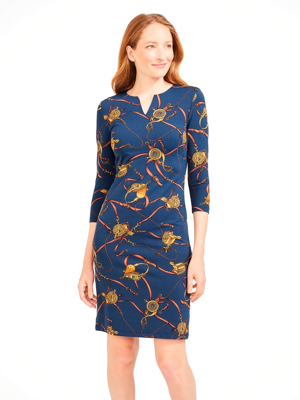 J McLaughlin Catalina Cloth Carly 3/4 Sleeve Equestrian Print Dress Medium